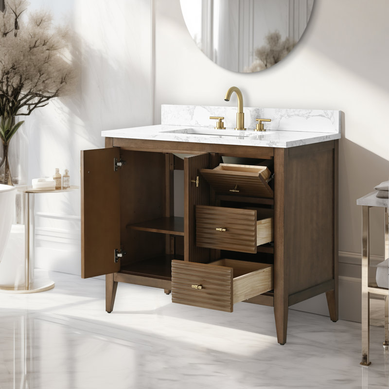 Ensemble de meuble-lavabo simple 36 po, Doré brossé, Noyer linéaire