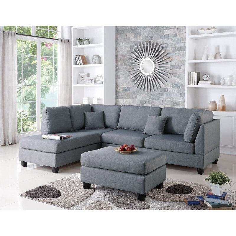 Canapé modulaire réversible avec repose-pieds 3 pièces Sylko, Mélange de polyester gris