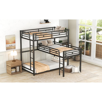 Lit superposé simple en forme de L en métal noir avec bureau intégré et espace de rangement dans la chambre d'amis