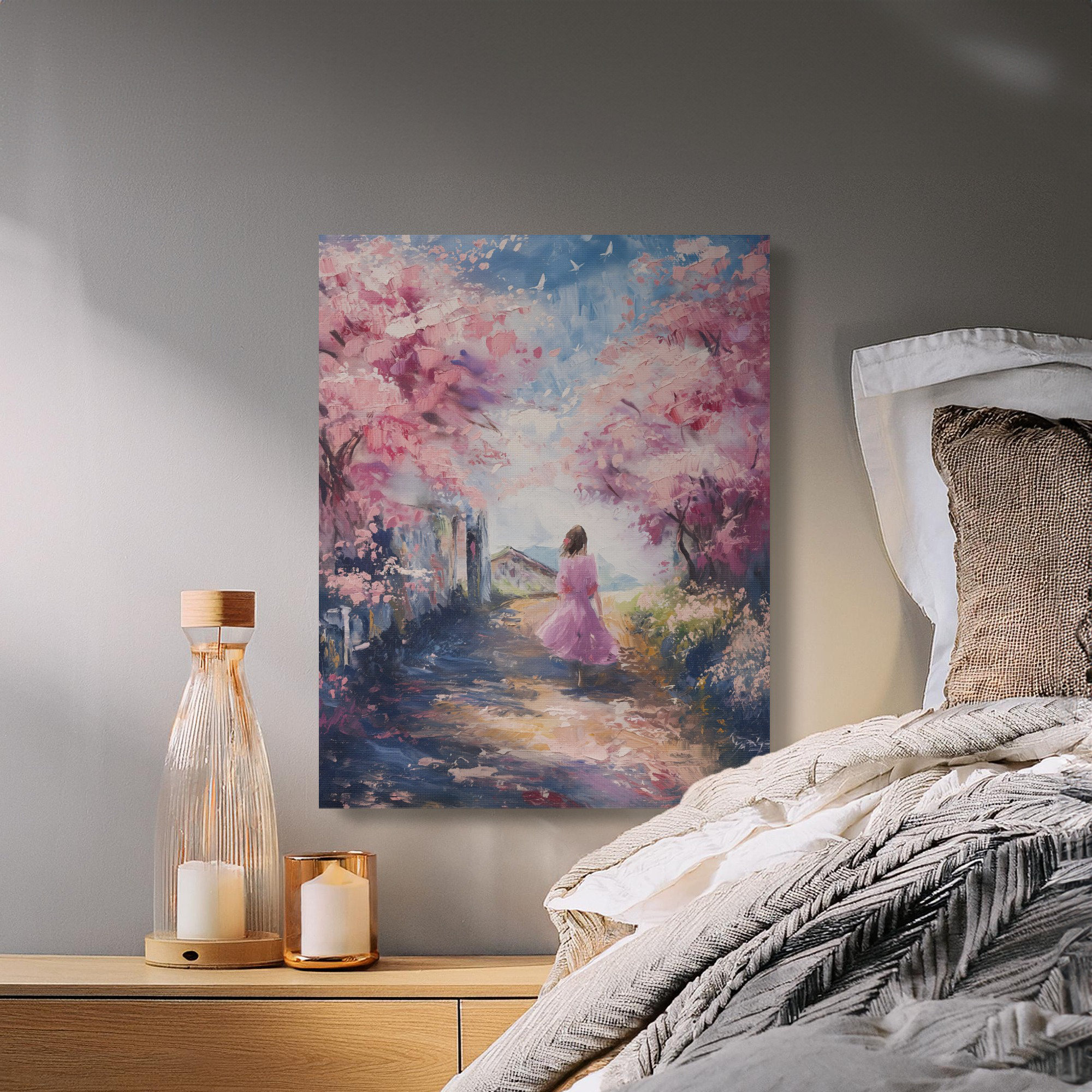 Lark Manor Cherry Blossom Canvas Art, Pink Blossom Trees, Woman in Pink ...