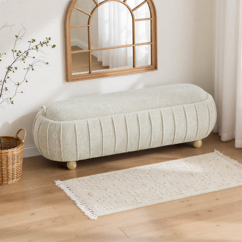 Banc de rangement moderne capitonné de 55 po de largeur avec couvercle rabattable et pieds en bois d'hévéa, Light Camel
