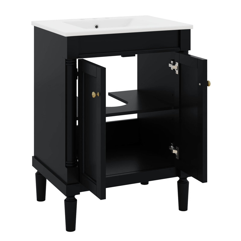 Petit meuble-lavabo 24 po avec lavabo, armoire de rangement moderne à 2 niveaux, meuble-lavabo simple en bois, Noir