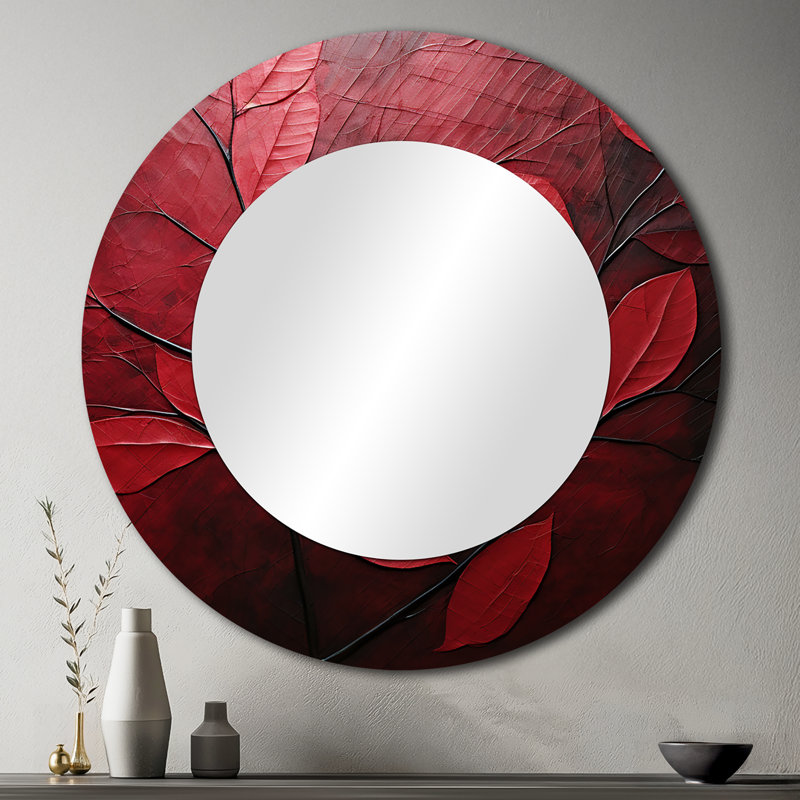 Shamkia Cherry Foliage Leaves I - Leaves Large Mirror, Red Round Unique Wall Mirror Decor, Printed Metal Art, 36" x 36"