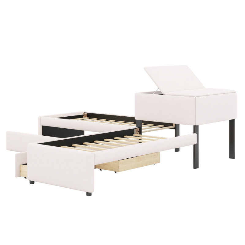 Lit plateforme moderne en L avec bureau, lit gigogne et tiroirs