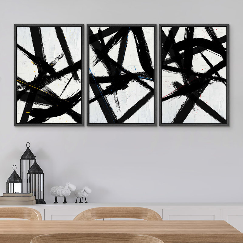 Black and White Paint Strokes Abstract - 3 Piece Floater Frame Print Set on Canvas, Noir, H 36 po x l 24 po x P 1,5 po