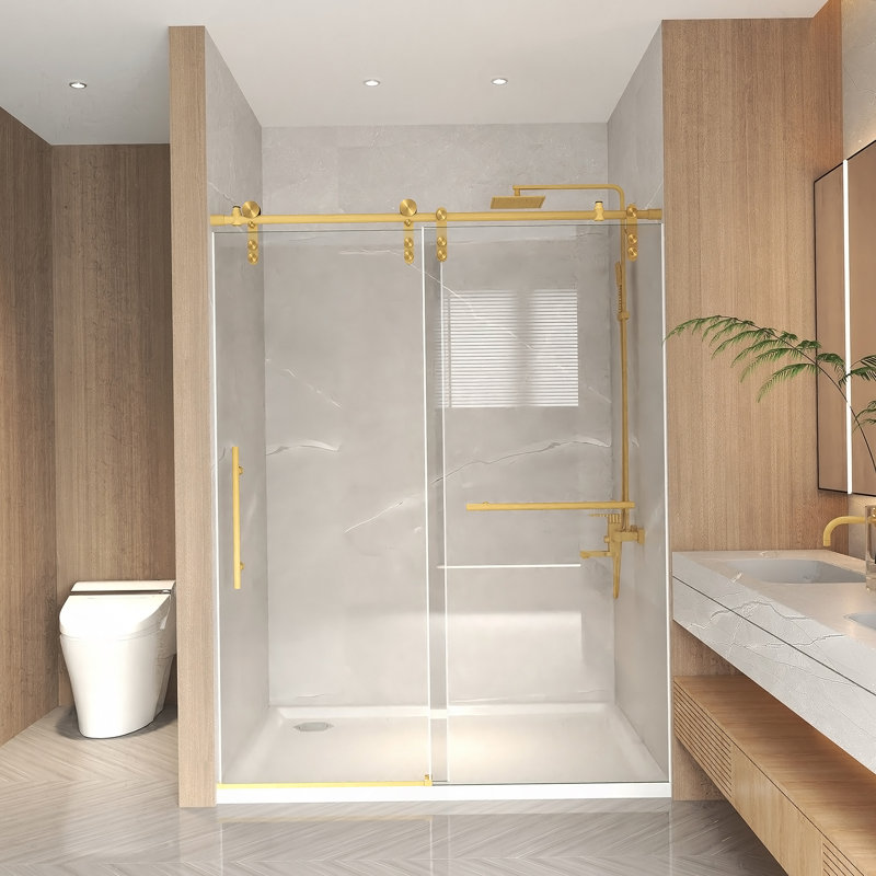 Porte de douche coulissante sans cadre de 56 à 60 po x 76 po, verre trempé transparent de 5/16 po (8 mm), cadre en acier inoxydable, or brossé