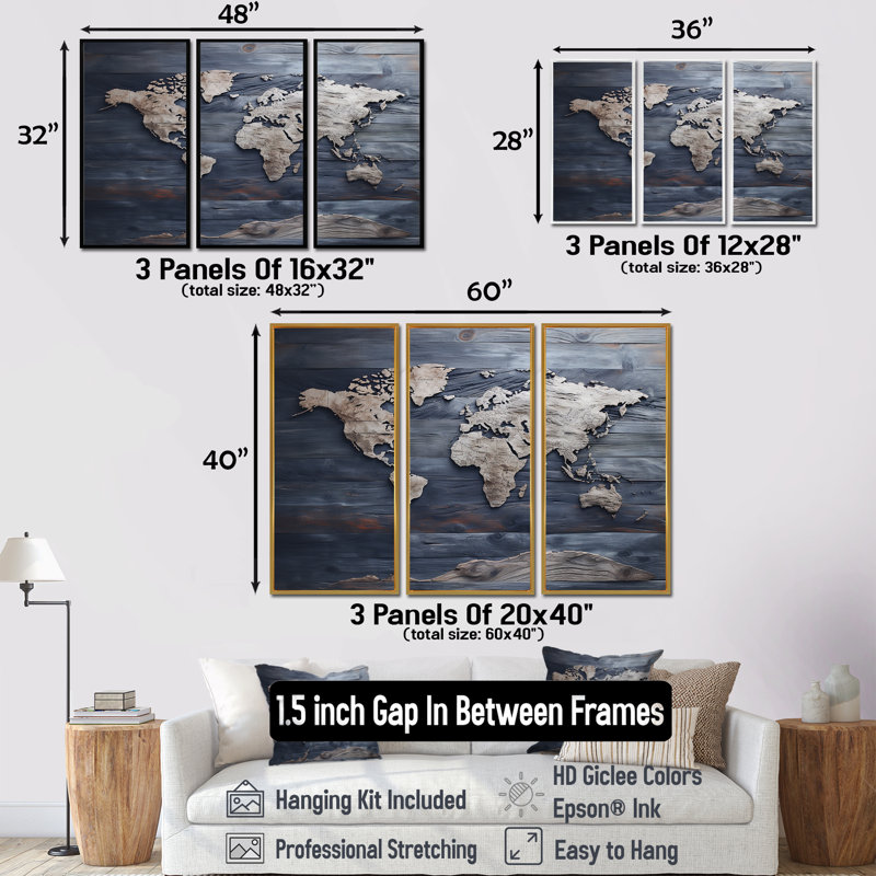 Rustic Route World Map I - Ensemble de décoration murale carte du monde, H 28 po x l 36 po x P 1 po, Cadre flottant en érable