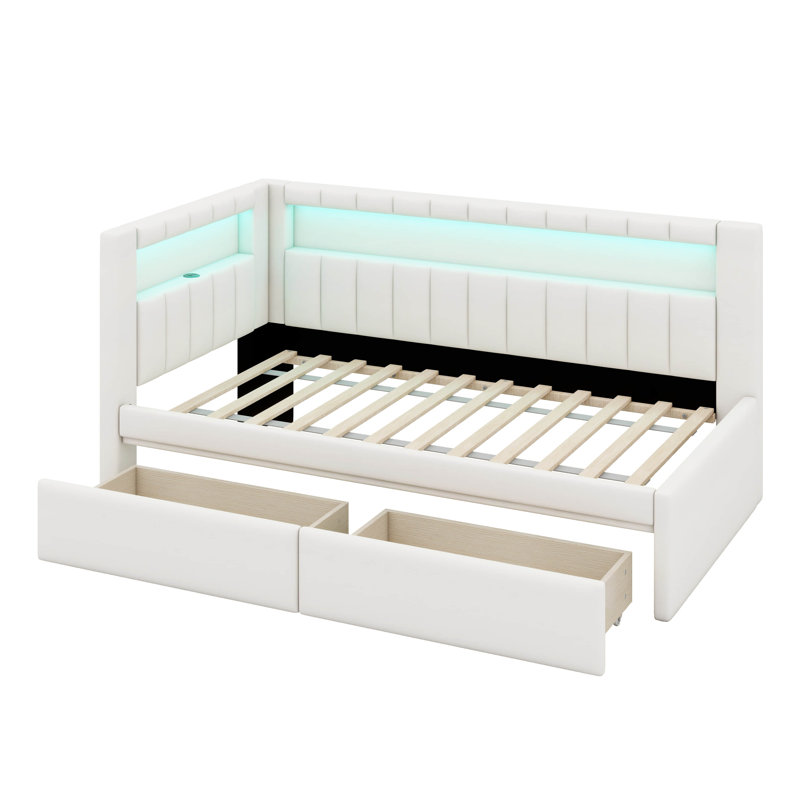 Platform Bed With USB Ports And LED Belt, Upholstered Bed Frame With Trundle, No Box Spring Needed, Twin, White