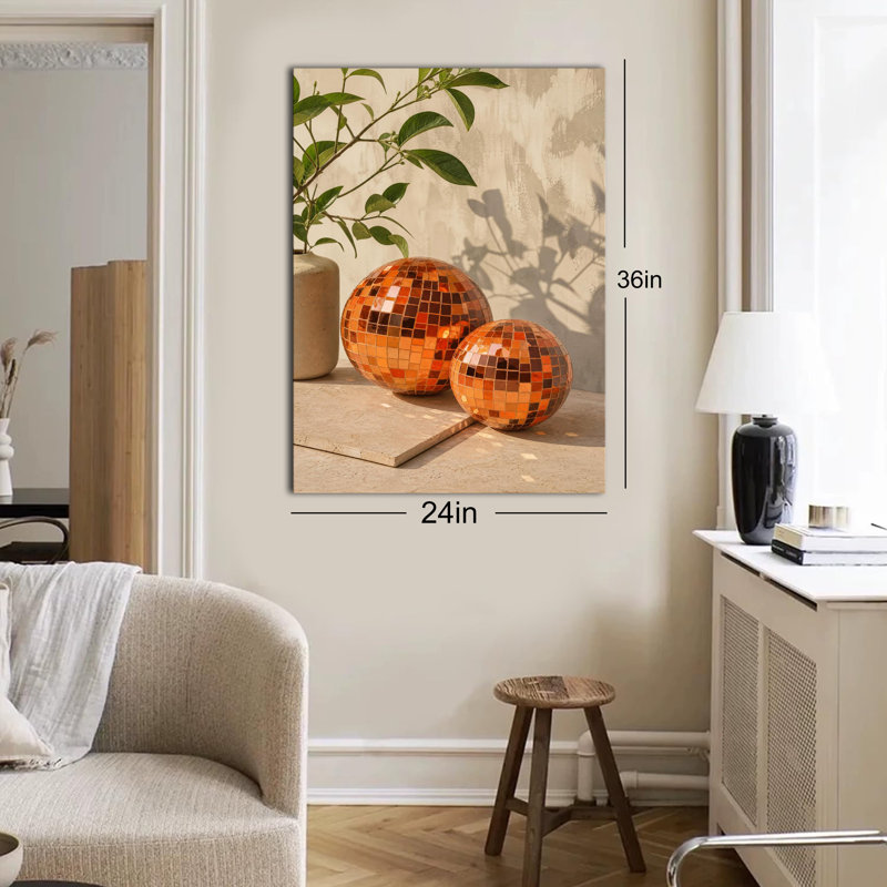 Impression sur toile, art mural neutre chaleureux avec deux boules disco orange, feuille verte, plante beige, table en pierre, décoration murale de salon Boho