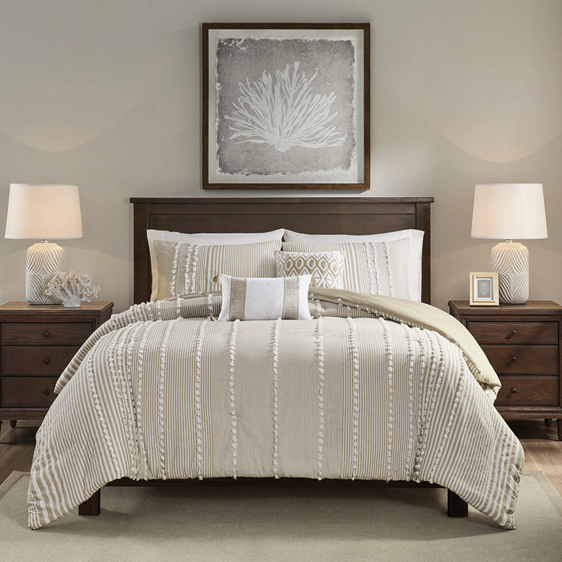 Housse de couette 100% coton avec rayures grises et taupe gracieuses 3 pièces