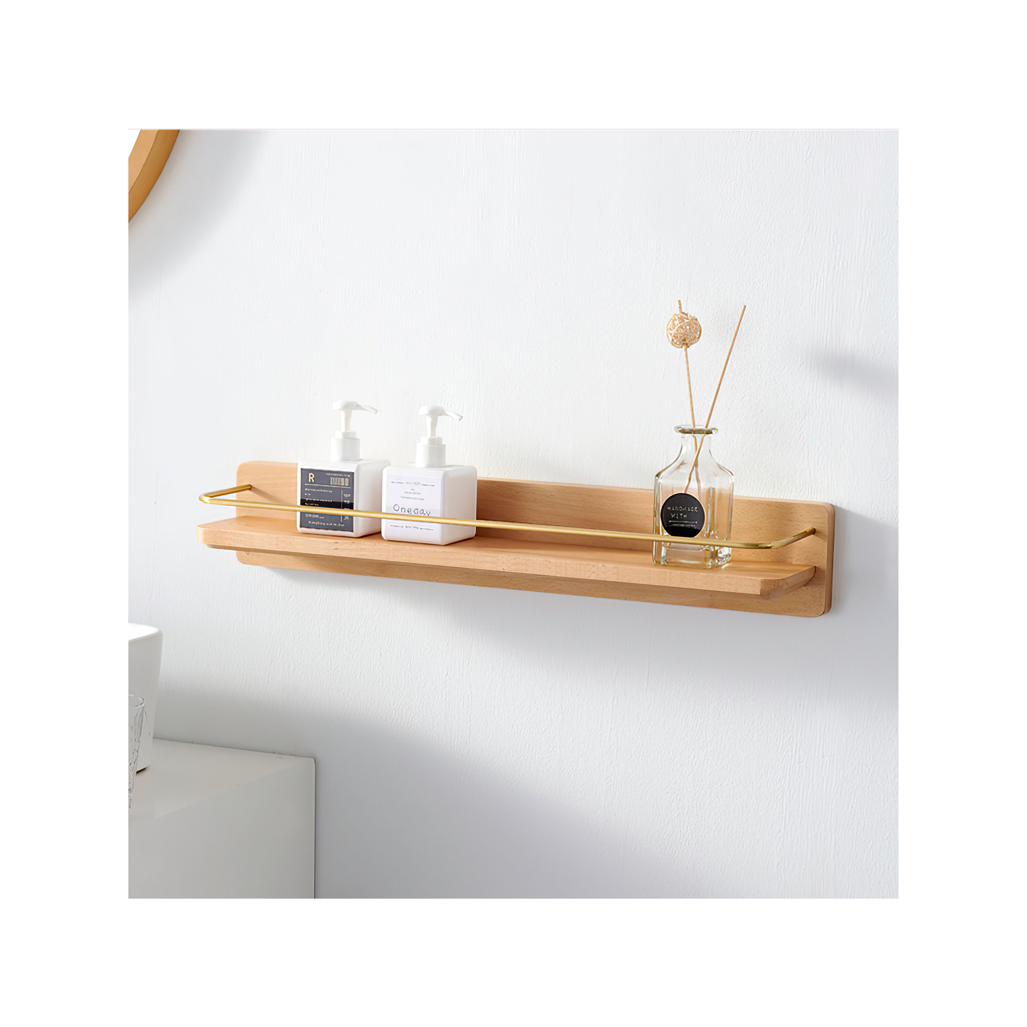 Dandre Modern Brass Wooden Shelf, 3.2" H x 12" W x 5.6" D, Natural