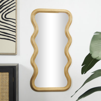 Brown Wood Abstract Wavy Room Wall Mirror with Dimensional Carved Frame