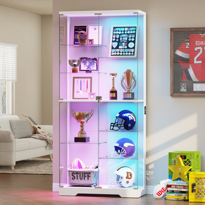 Modern Tall Glass Display Cabinet with App-Controlled RGB Lighting & Lock - LED Curio Cabinet for Collectibles