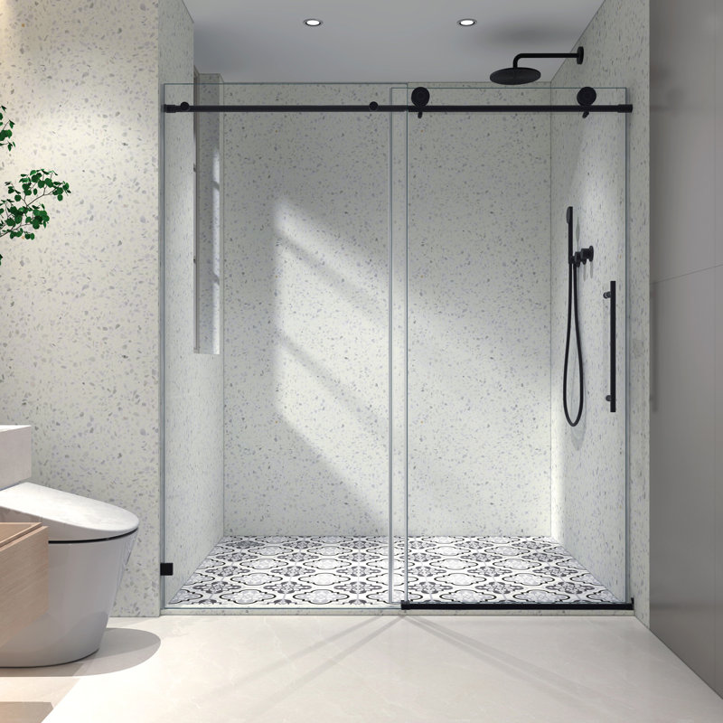Porte de douche 6076 noir mat, un panneau fixe et décalé, poulie en acier inoxydable 304 de 70 mm, nettoyage nano, porte de salle de bain en verre trempé mobile, caractéristique, propre,
