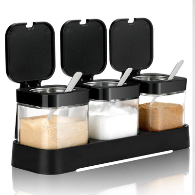 Condiment Jar Spice Container With Lids And Spoons, 8.6Oz Clear Glass Condiment Canisters Pots Seasoning Box Salt Container Sugar Bowl Set Of 3 For Kitchen, Containers, Black