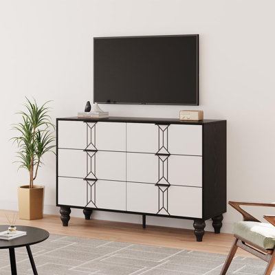 Modern Wooden 6 Drawer Dresser with Vintage Pattern Design, Chest Dresser with Deep Drawers for Bedroom, Living Room and Entryway