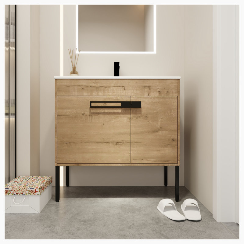 Meuble-lavabo simple 36 po avec plateau en céramique Ashaya, Imitation chêne