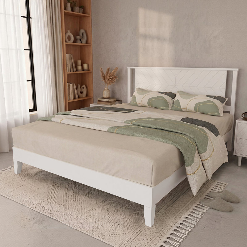 Queen Size Deluxe Bed Frame With Headboard With Solid Wood, No Box Spring Needed,  Easy Assembly, White, White, Queen