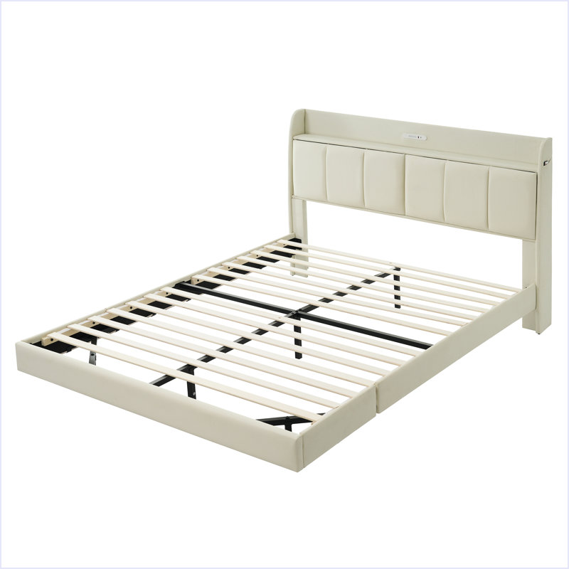 Queen Size Floating Bed Frame With Storage Headboard, Beige