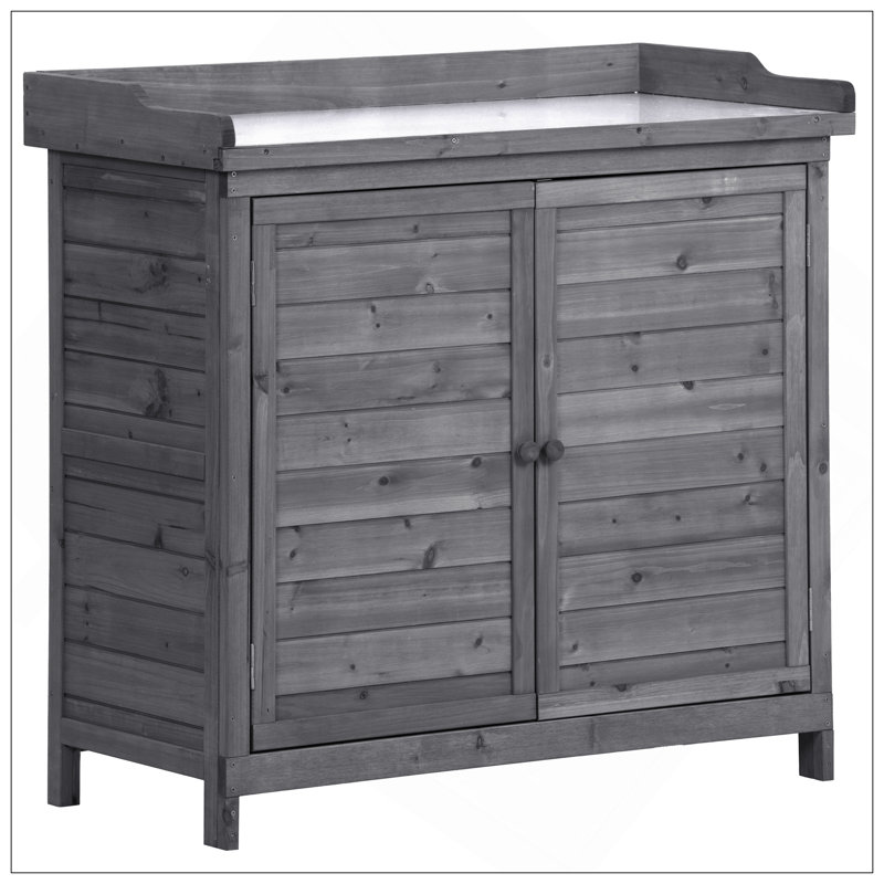Table de rempotage d'extérieur 39 po, abri de jardin avec station de travail en bois rustique avec tablettes à 2 niveaux et crochet latéral, gris