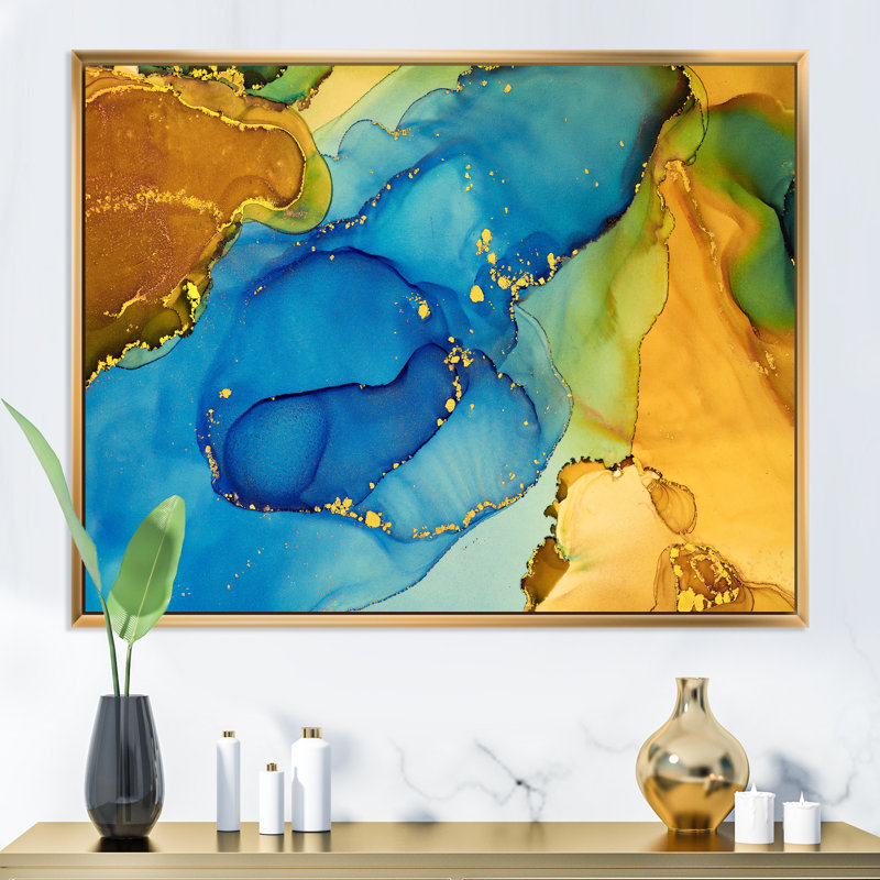 «Blue and Gold Luxury Abstract Fluid Art I», reproduction sur toile, H 34 po x l 44 po, Cadre flottant doré