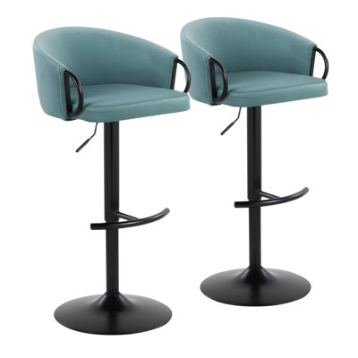 Tabouret de bar contemporain réglable avec pivot en métal noir et velours bleu clair avec repose-pieds arrondi en T par - ensemble de 2
