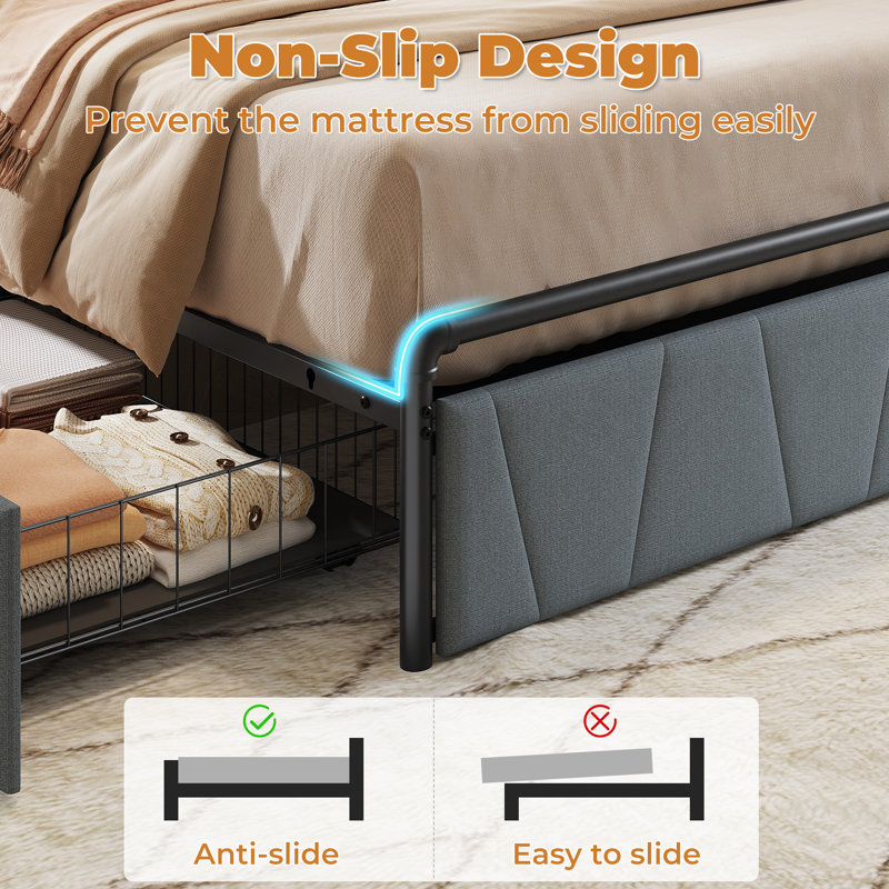 Twin Bed Frame with 2-Tier Storage Headboard, Metal Platform Bed Frame with 2 Storage Drawers, Built in Charging Station & LED, Gray