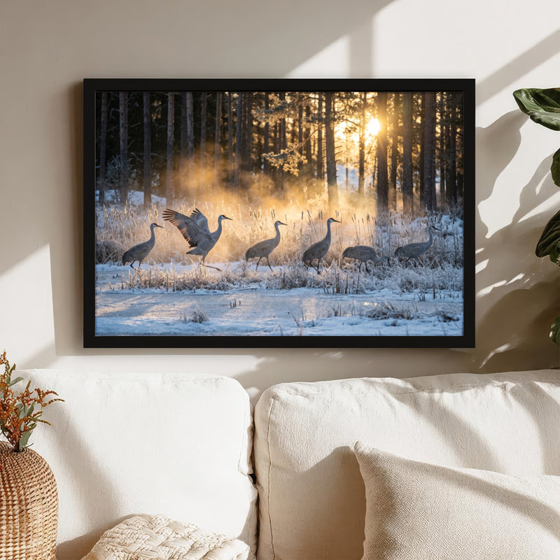 Art mural sur toile noir encadré pour le salon, la chambre à coucher, le bureau ou le vestibule - décoration murale décorative avec grues d'hiver