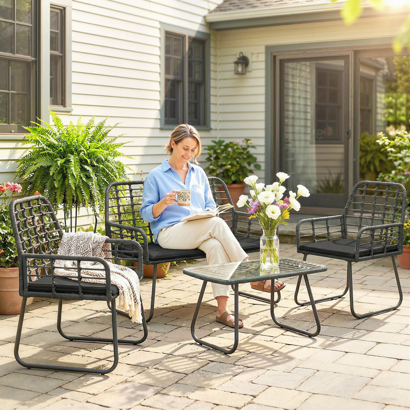 Rattan Sofa Set, Grey Cushion/Black Frame