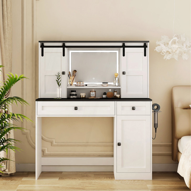 Table de maquillage Farmhouse, coiffeuse de 43 po de largeur avec miroir éclairé et tiroir de maquillage, grande coiffeuse moderne avec porte-séchoir pour chambre à coucher