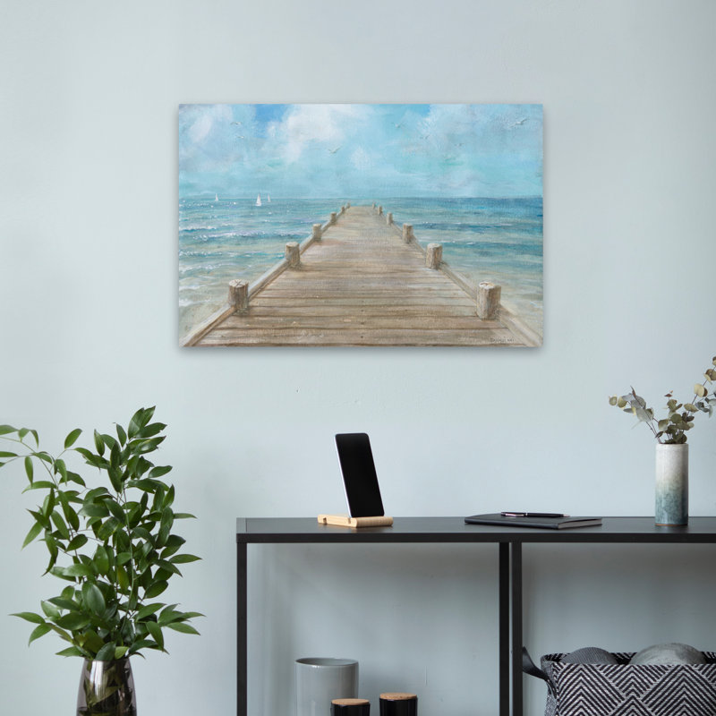Art de quai d'été turquoise et oiseaux, H 16 po x l 24 po