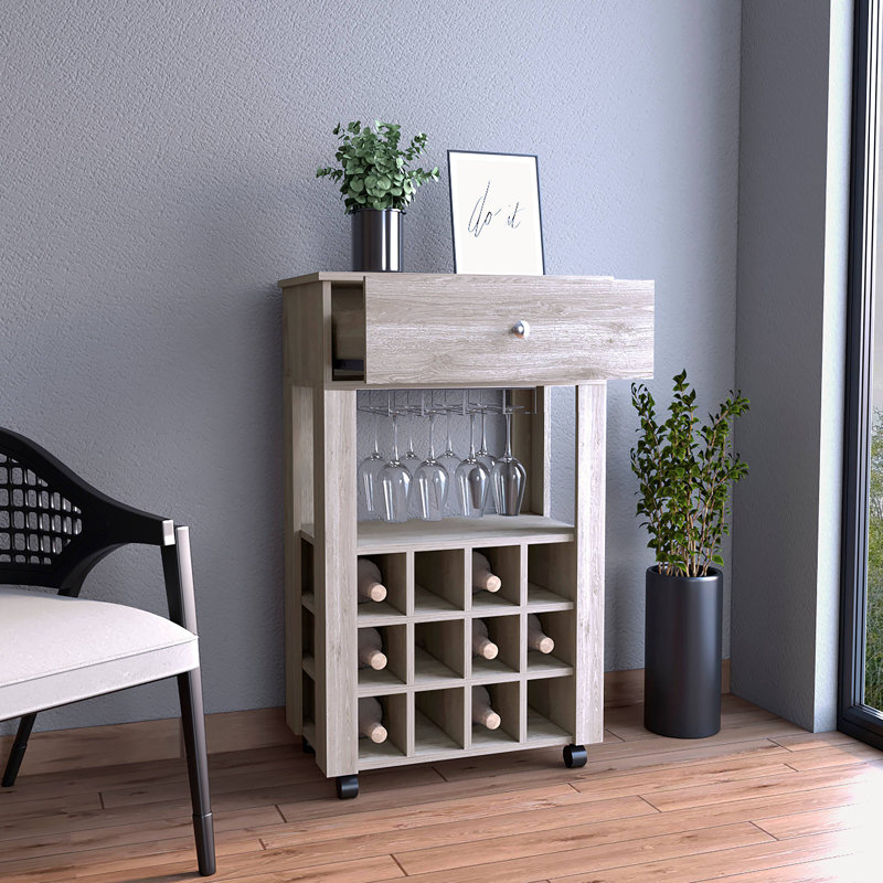 Chariot-bar, douze porte-bouteilles encastrés, quatre pieds, une tablette ouverte, Gris