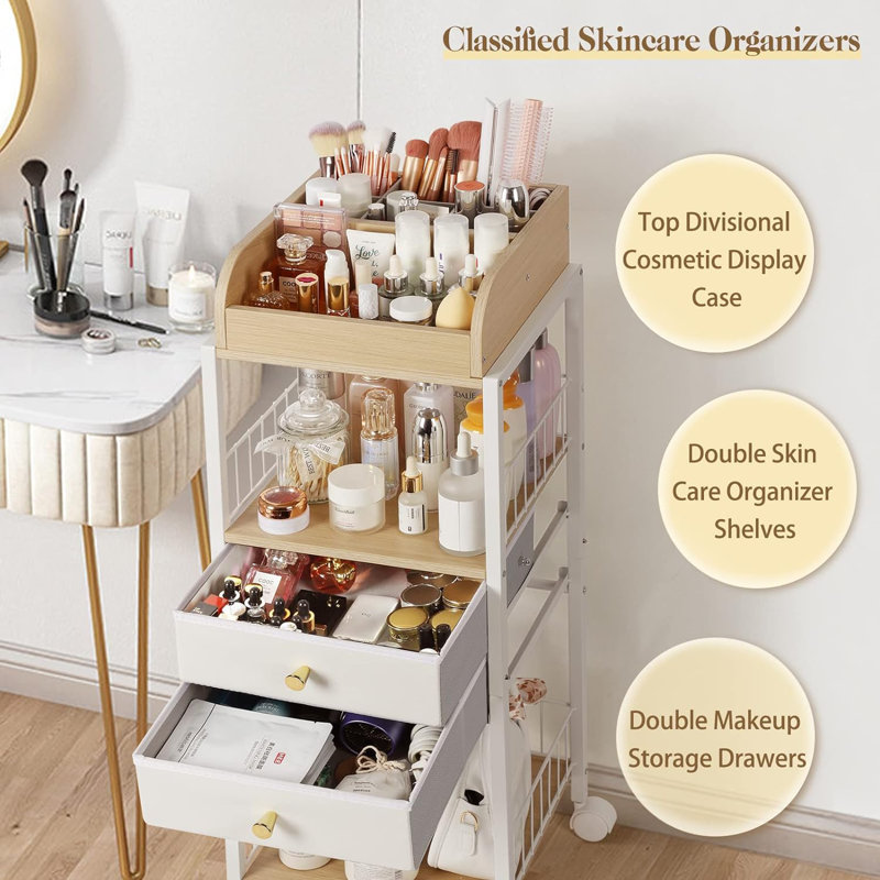 White and Wood Floor Makeup Organizer with Drawers