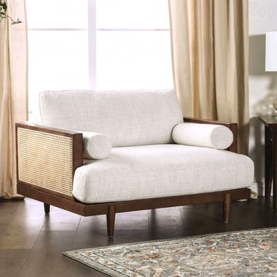 Dans une finition beige et noyer, une magnifique chaise d'appoint aux pieds fuselés et à des coussins de bureau élégants avec dossier en bois de frêne et coussins latéraux de style Mid-Century