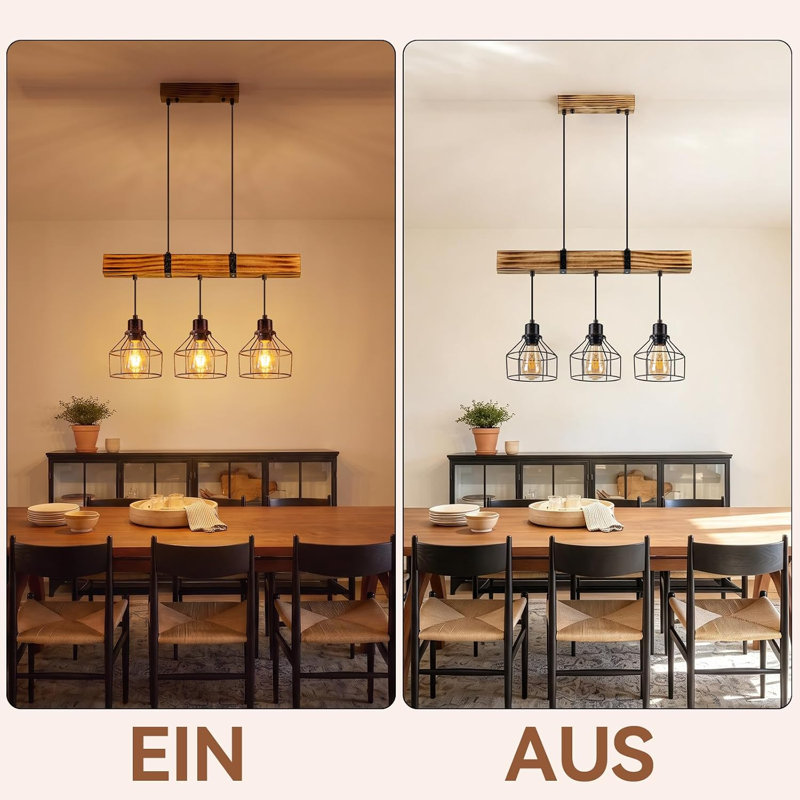 3-Light Vintage Burnt Wood Kitchen Island Pendant