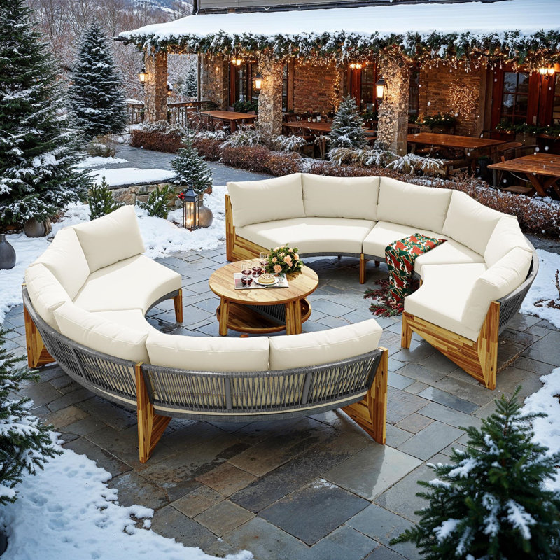 Afore All-Weather Circle 6-Seat Outdoor Sectional Sets with Acacia Table, Beige