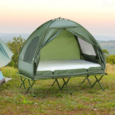 Lit de camping pliable pour 2 personnes avec tente, couvre-lit et matelas gonflable épais, tente de camping surélevée 4-en-1 pour la randonnée en plein air, le pique-nique, les voyages