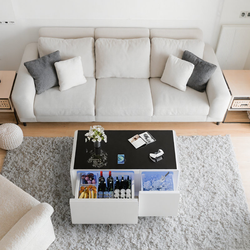 Table basse moderne et intelligente avec tiroirs intégrés pour réfrigérateur et congélateur, haut-parleur Bluetooth, chargement sans fil, panneau de commande tactile, ports USB, protection pour prise de courant, lumière d'ambiance, blanc