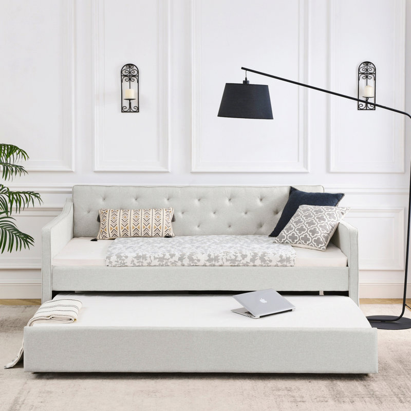 Wooden Frame Bed, Upholstered Daybed With Trundle, Beige