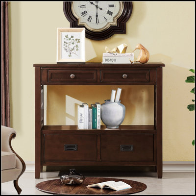 Console rustique en bois de pin avec 4 tiroirs et une tablette spacieuse