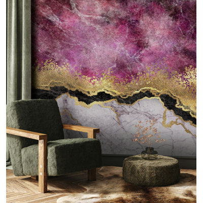 Purple Marble Gold Glitter Border Wallpaper