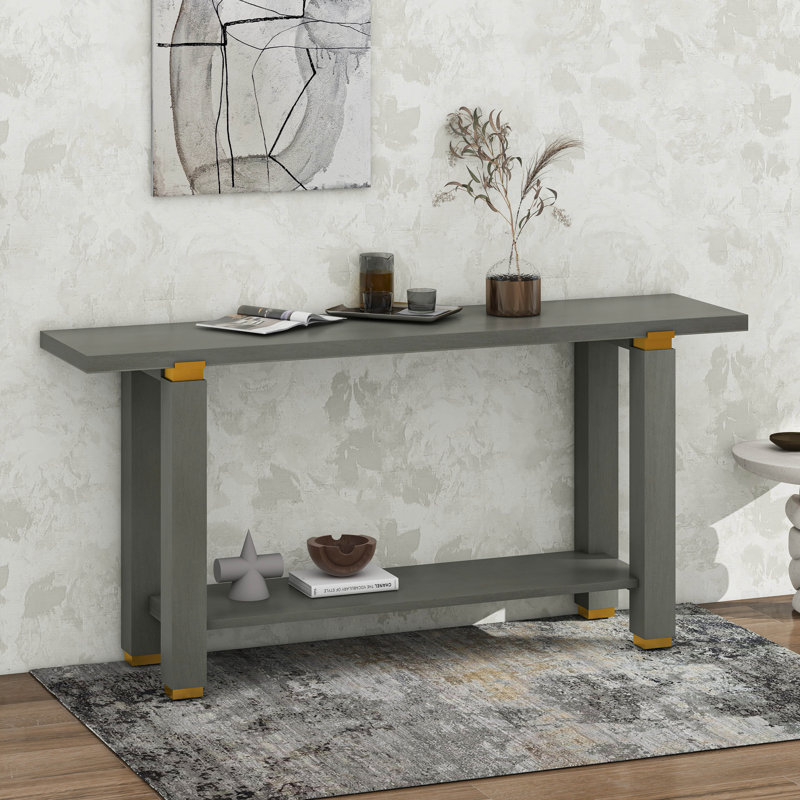Console de 62,9 po avec console minimaliste moderne, canapé d'entrée en bois de pin massif avec détails en métal, tablette de rangement ouverte