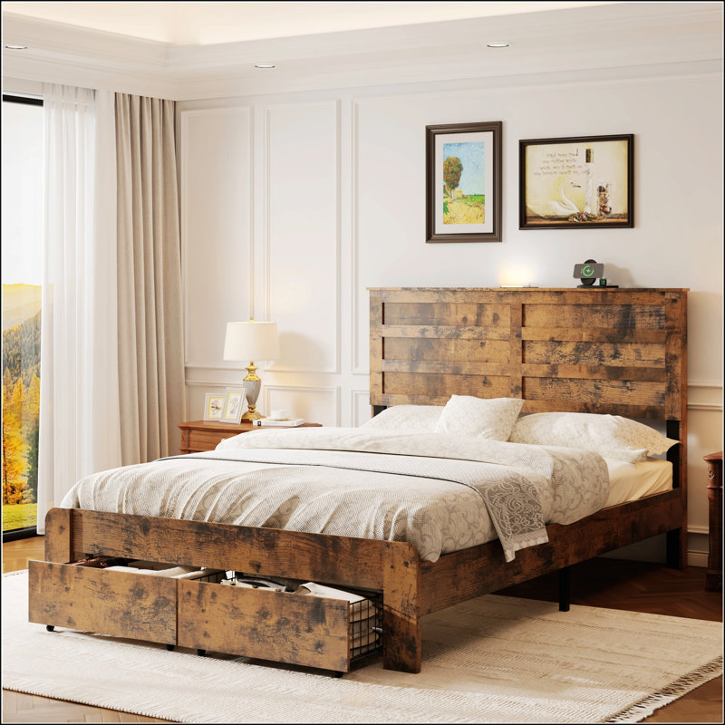 Structure de lit plateforme en bois pleine grandeur avec 2 tiroirs de rangement, 2 ports USB et support à lattes en métal, brun foncé