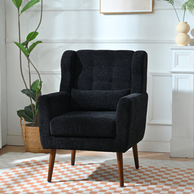 Fauteuil d'appoint moderne, fauteuil de salon en chenille avec coussin décoratif, fauteuil de lecture confortable, fauteuil de salon de style Mid-Century, fauteuil avec accoudoirs pour chambre à coucher (noir)