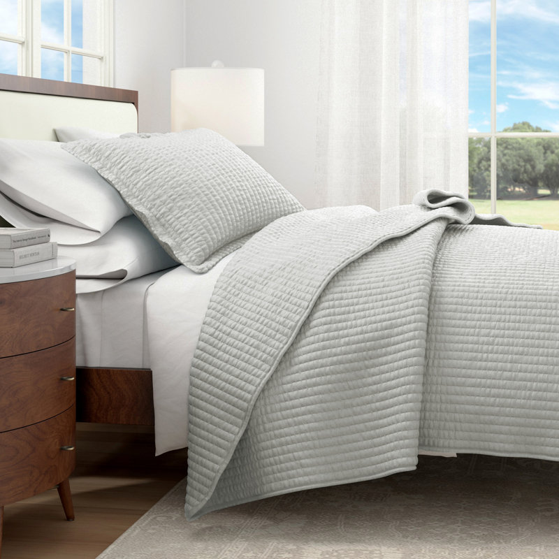 Light Gray Twin Microfiber Channel Stitch Quilt Set