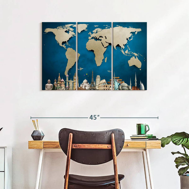 Carte du monde océan bleu 3 pièces, H 24 po x l 38 po x P 1,25 po