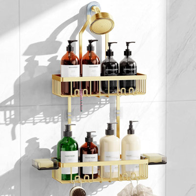 Shower Caddy Hanging, Rustproof Aluminum Organizer with Soap Holders and Hooks, Gold