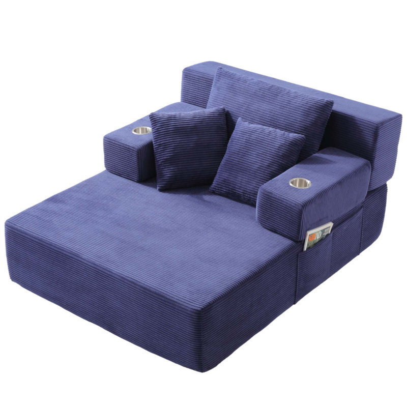 Chaise longue en velours côtelé luxueux avec 3 coussins, canapé-lit convertible avec poche de rangement, conception sans cadre et mousse de compression pour les petits espaces