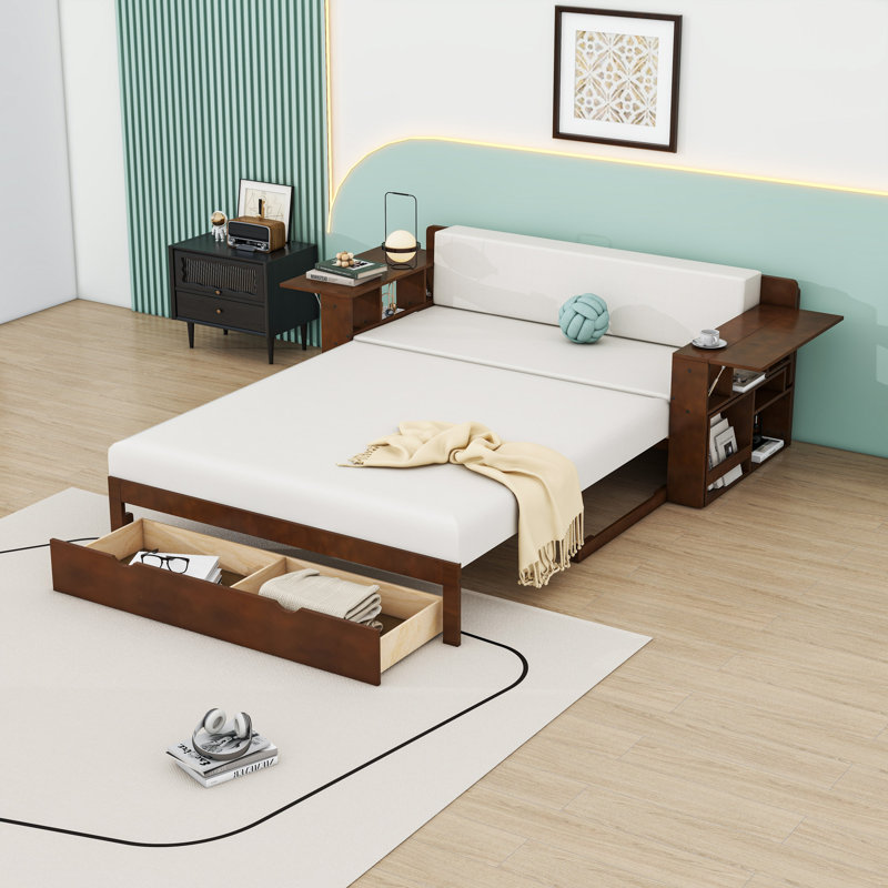 Lit de jour convertible en bois avec bureau intégré et tiroir, Complet/Double, Espresso