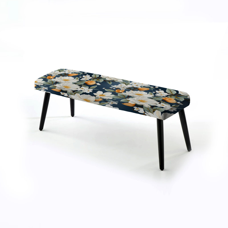 Banc rembourré floral noir Truong, Motif floral blanc et bleu campagnard